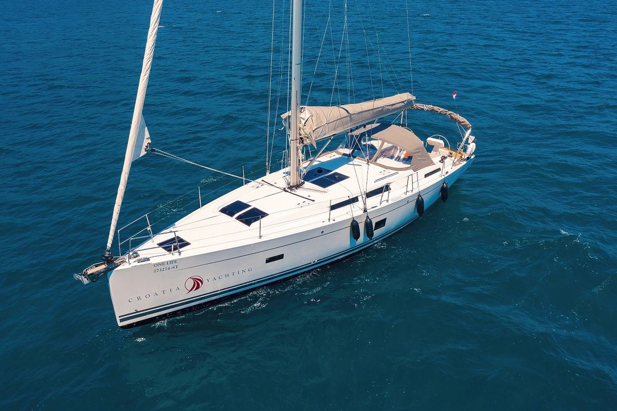 Exterior view of One Life, a Hanse Yachts Hanse 458 sailboat at Seget Donji, Croatia
