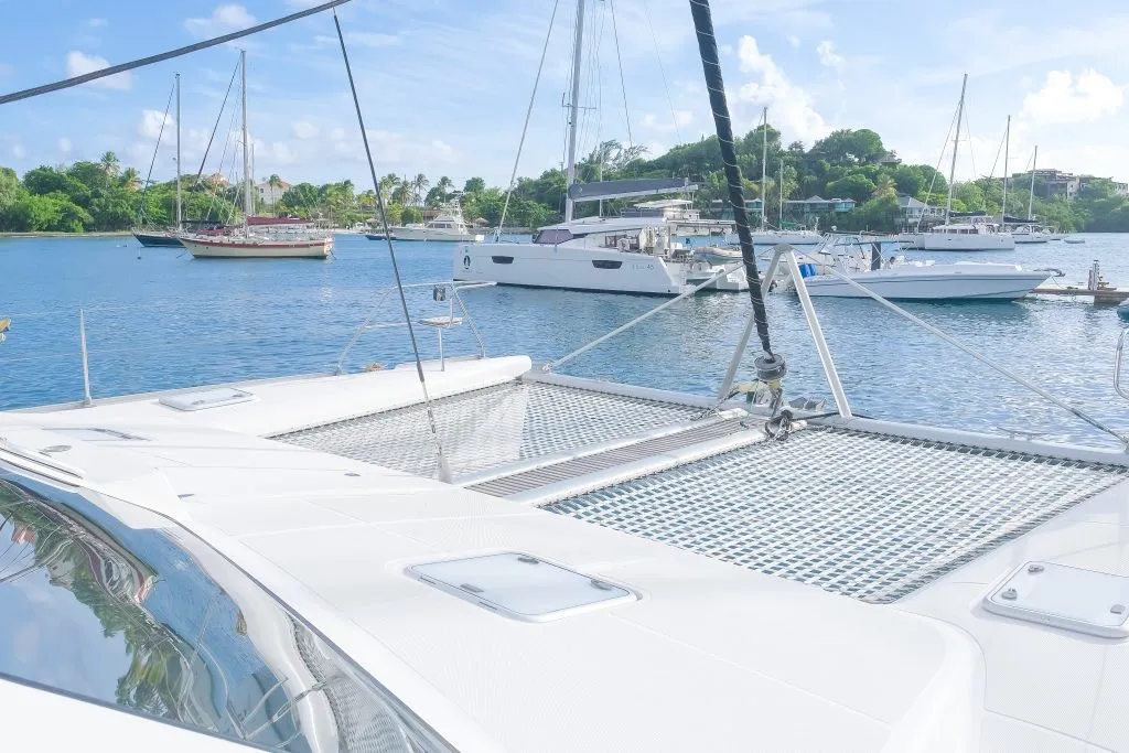 Deck of Mucho Gusto, a Voyage 480 catamaran at Ribishi, Saint Vincent and the Grenadines