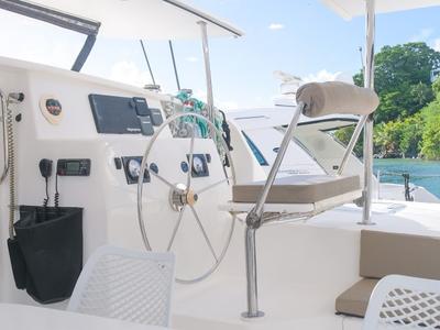 Cockpit of Mucho Gusto, a Voyage 480 catamaran at Ribishi, Saint Vincent and the Grenadines