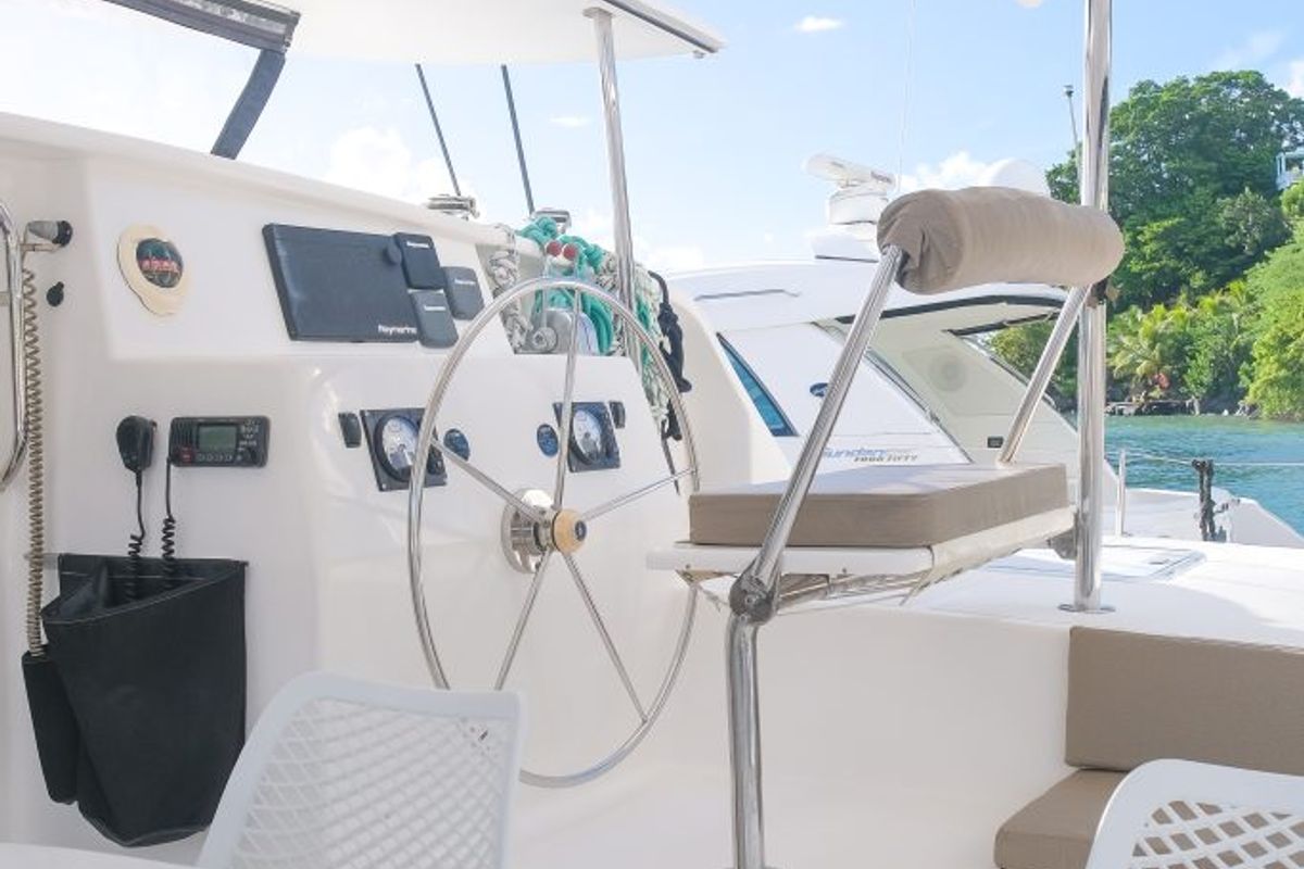 Cockpit of Mucho Gusto, a Voyage 480 catamaran at Ribishi, Saint Vincent and the Grenadines