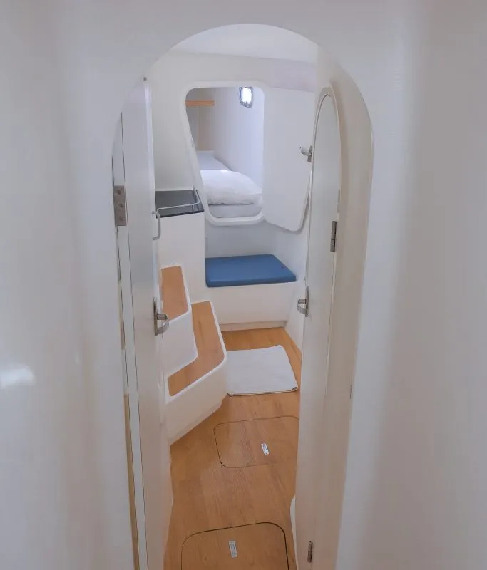 Cabin on Mucho Gusto, a Voyage 480 catamaran at Ribishi, Saint Vincent and the Grenadines