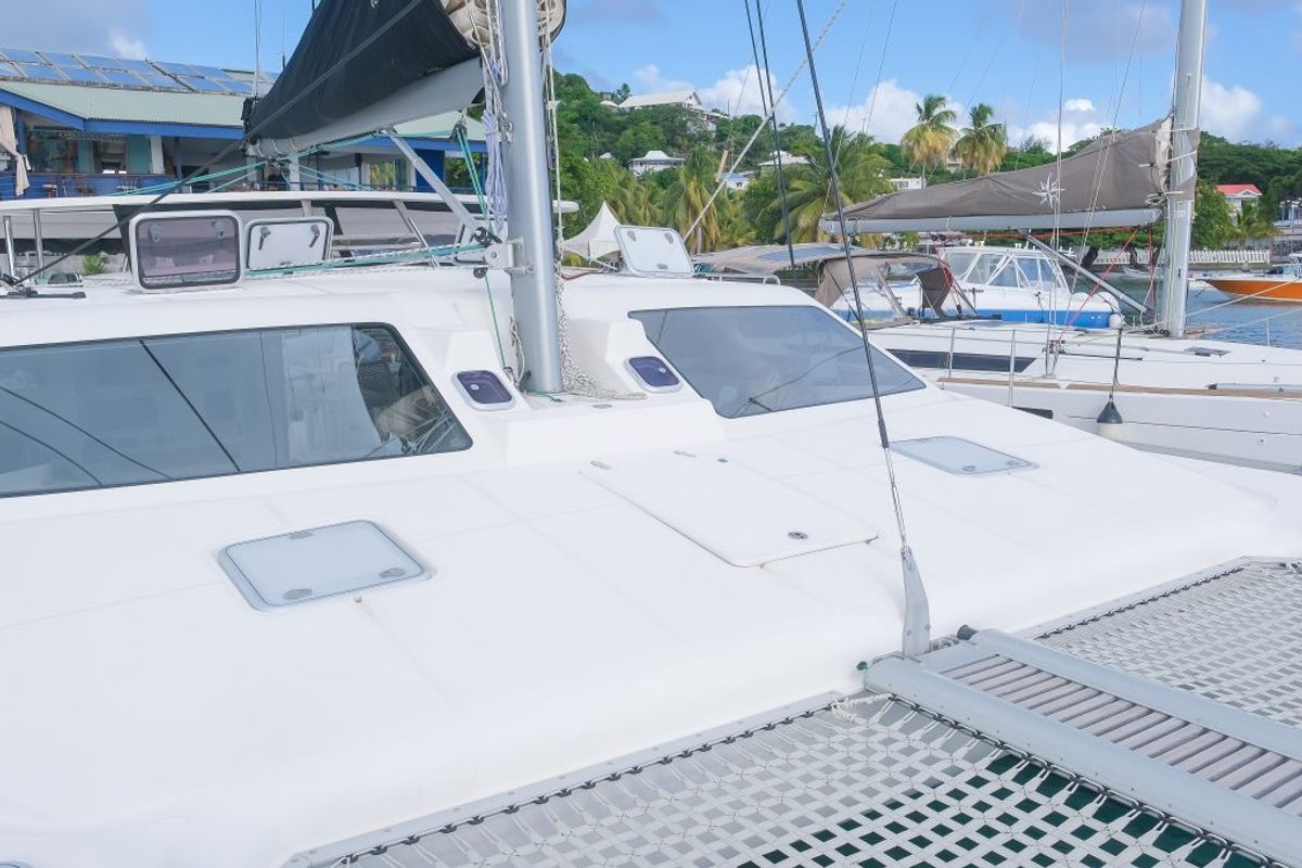 Deck of Mucho Gusto, a Voyage 480 catamaran at Ribishi, Saint Vincent and the Grenadines