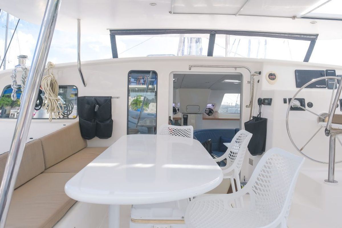 Deck of Mucho Gusto, a Voyage 480 catamaran at Ribishi, Saint Vincent and the Grenadines