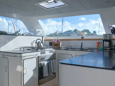 Galley of Mucho Gusto, a Voyage 480 catamaran at Ribishi, Saint Vincent and the Grenadines