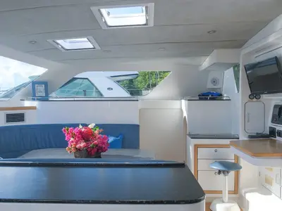 Salon of Mucho Gusto, a Voyage 480 catamaran at Ribishi, Saint Vincent and the Grenadines