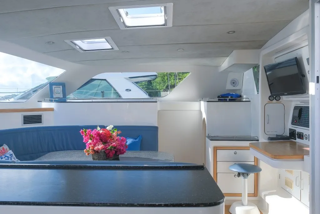 Salon of Mucho Gusto, a Voyage 480 catamaran at Ribishi, Saint Vincent and the Grenadines
