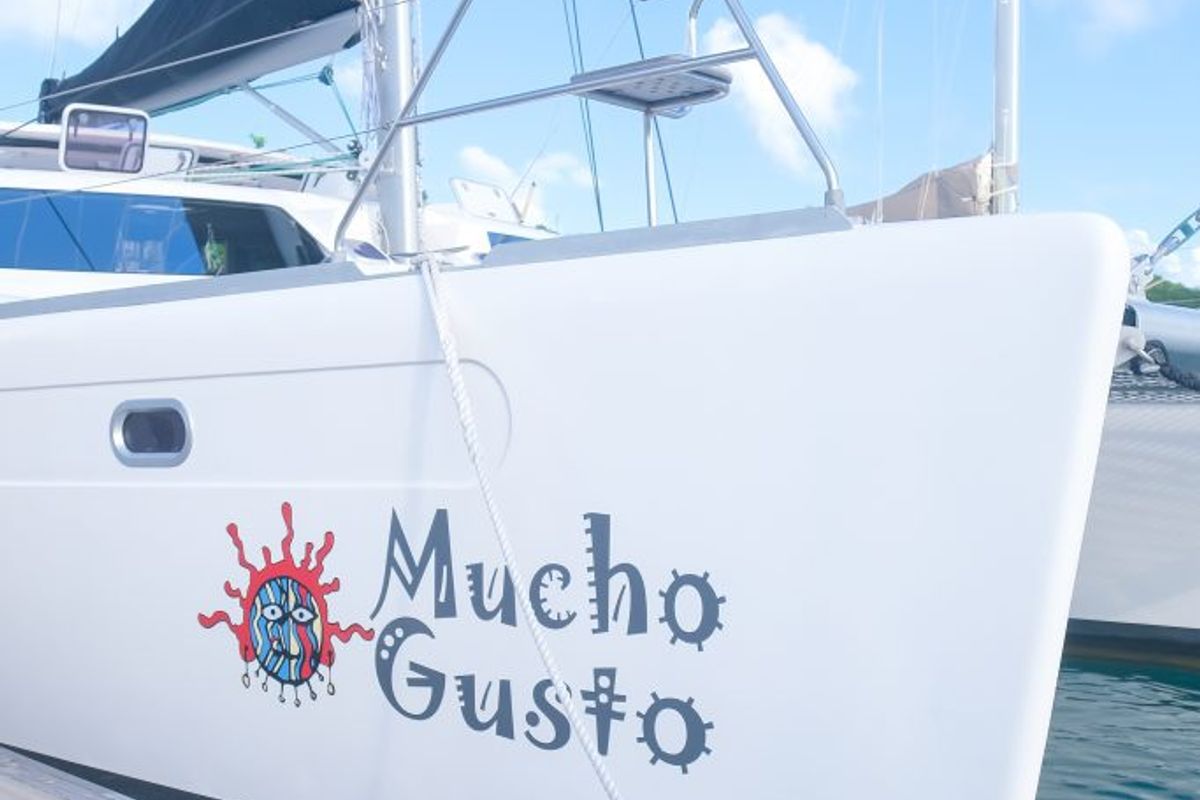 Exterior view of Mucho Gusto, a Voyage 480 catamaran at Ribishi, Saint Vincent and the Grenadines