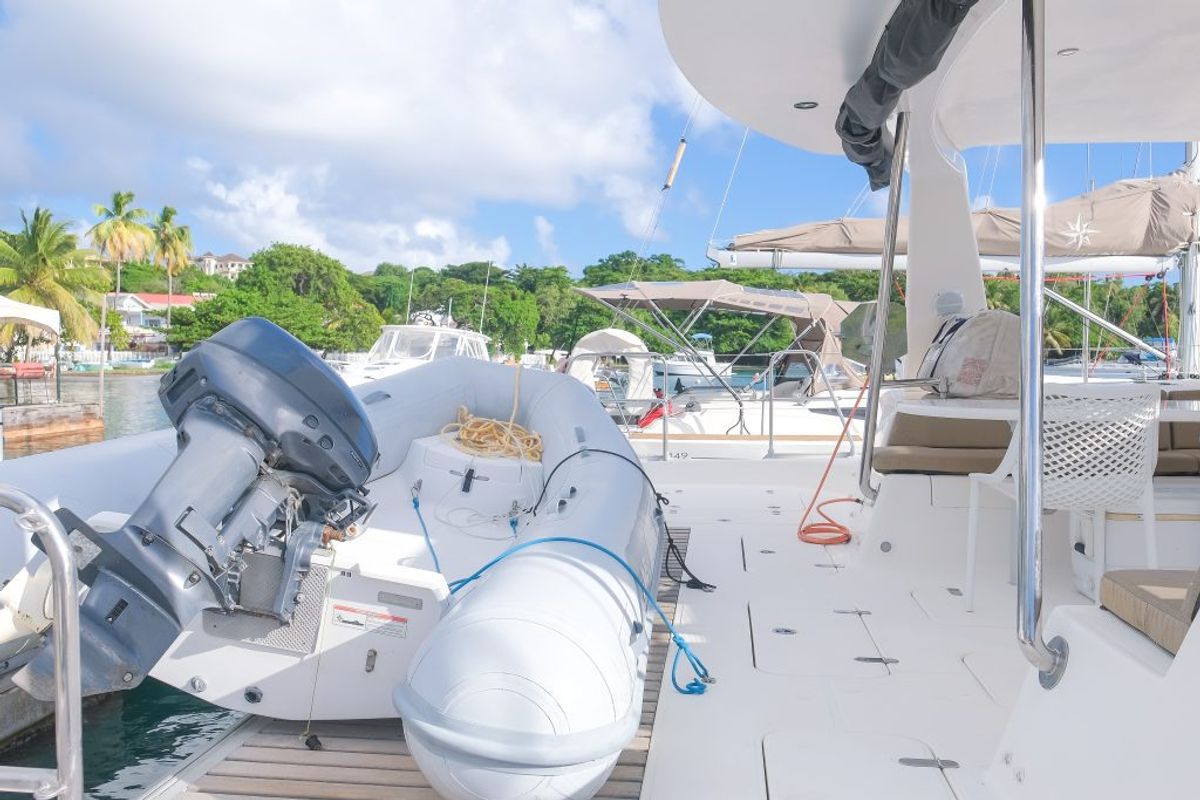 Deck of Mucho Gusto, a Voyage 480 catamaran at Ribishi, Saint Vincent and the Grenadines