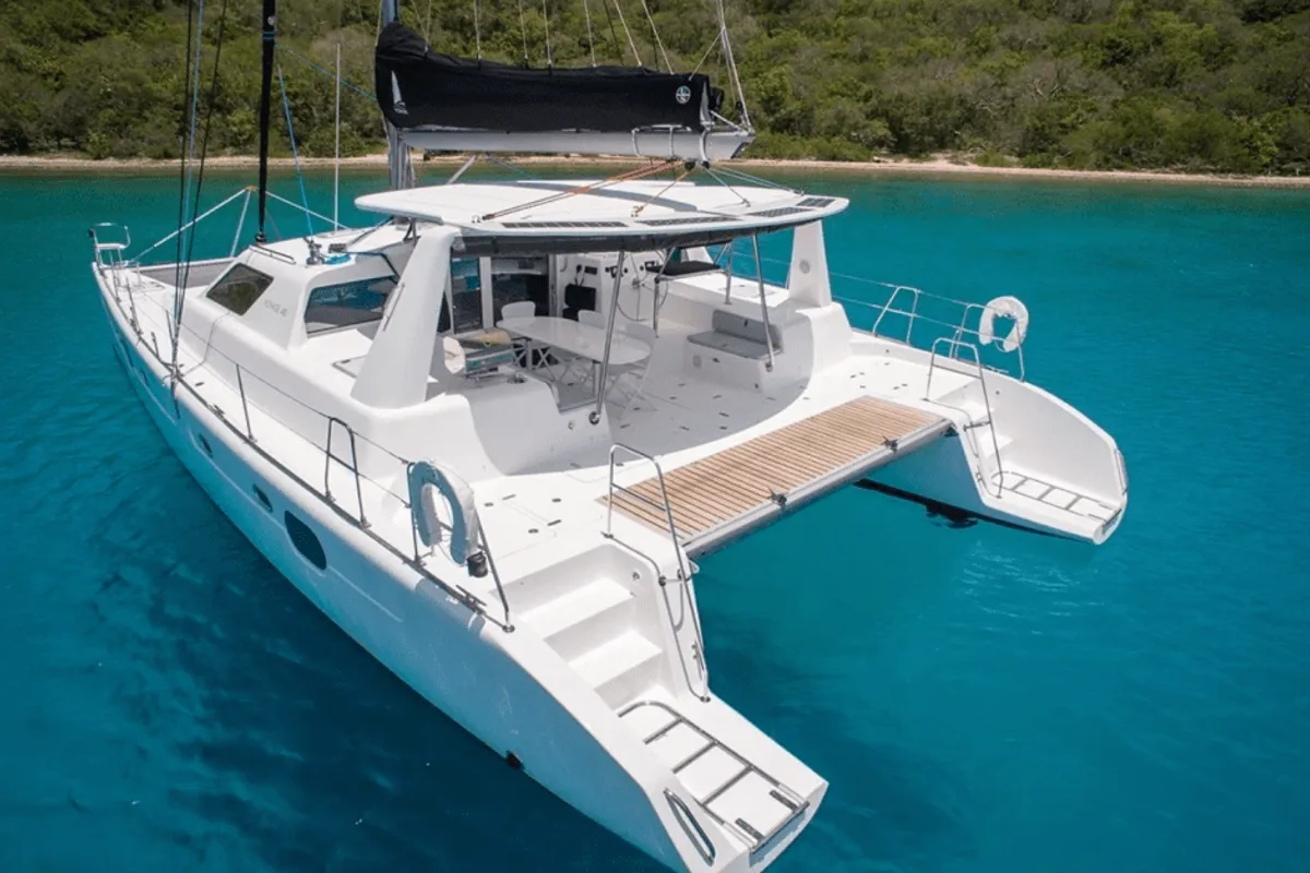 Exterior view of Mucho Gusto, a Voyage 480 catamaran at Ribishi, Saint Vincent and the Grenadines
