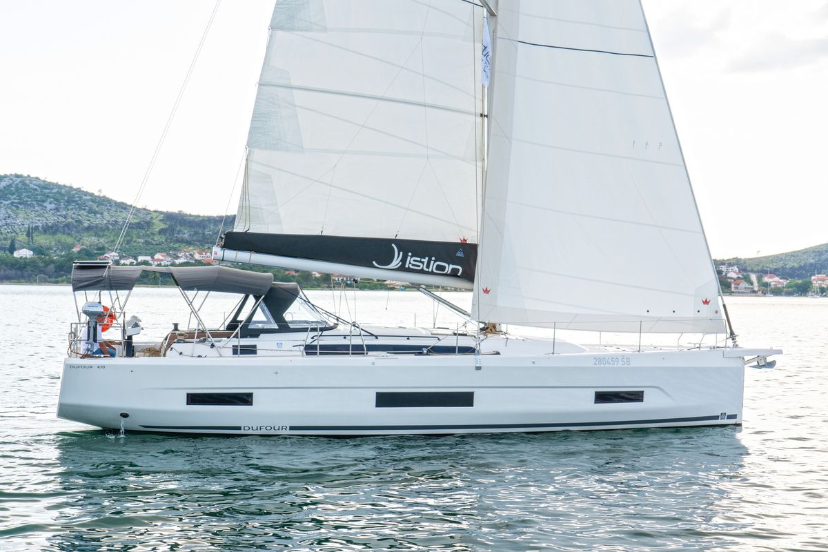Exterior view of First Secret, a Dufour 470 sailboat at Skradin, Croatia
