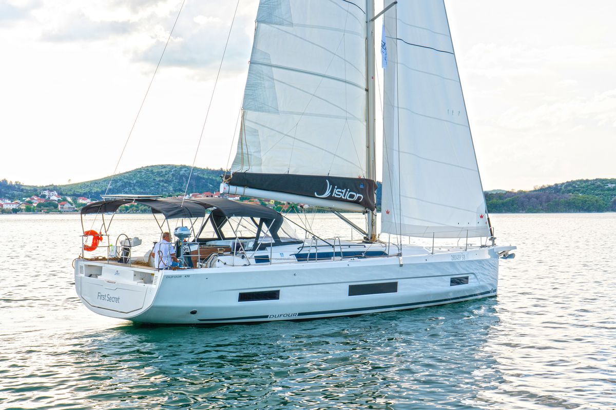 Exterior view of First Secret, a Dufour 470 sailboat at Skradin, Croatia