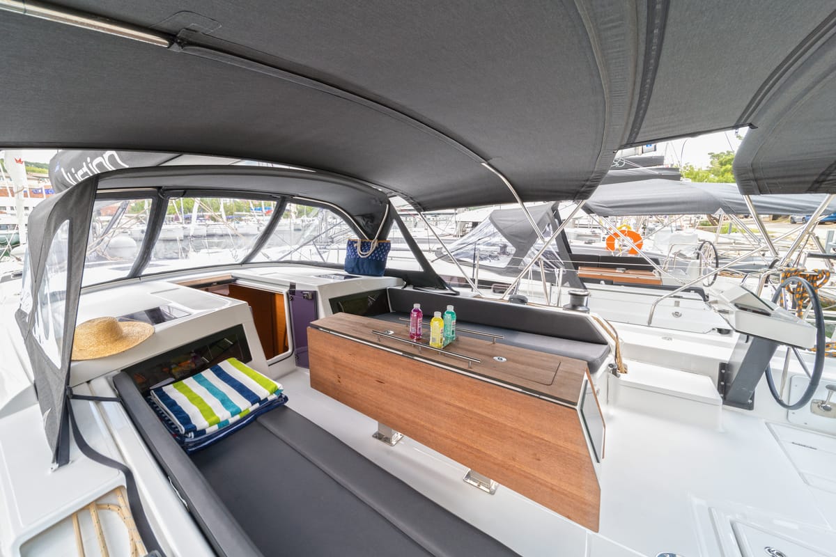 Cockpit of First Secret, a Dufour 470 sailboat at Skradin, Croatia