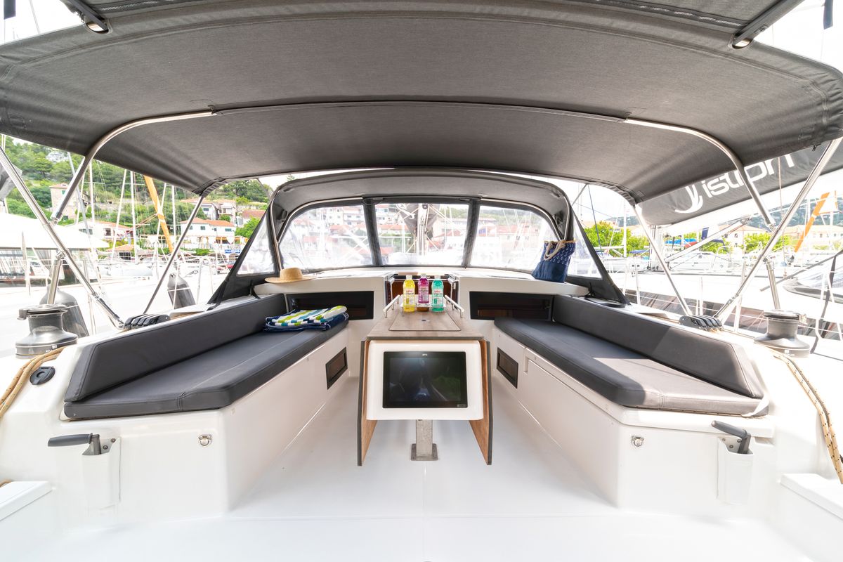 Cockpit of First Secret, a Dufour 470 sailboat at Skradin, Croatia
