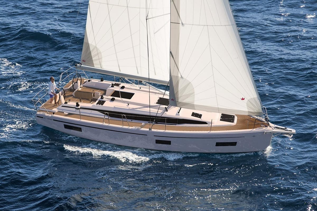 Exterior view of Olivia, a Bavaria C38 sailboat at Municipal Unit of Palairos, Greece