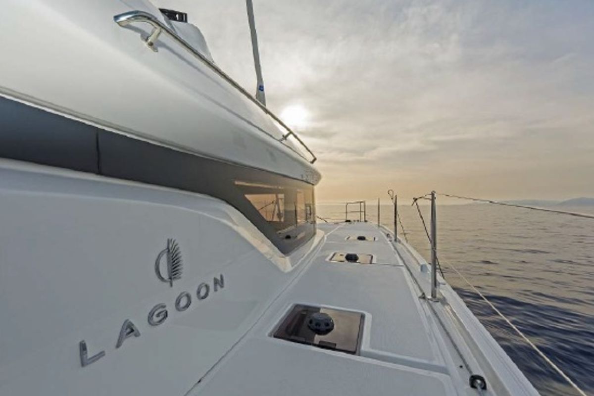 Deck of Aqua Star, a Lagoon 50 catamaran at Municipal Unit of Lefkada, Greece