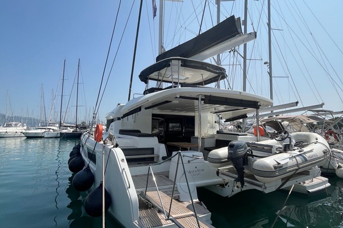 Exterior view of Aqua Star, a Lagoon 50 catamaran at Municipal Unit of Lefkada, Greece