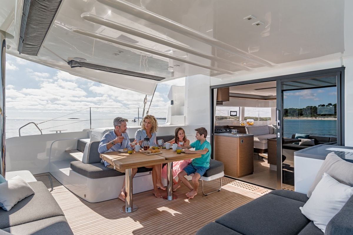 Deck of Aqua Star, a Lagoon 50 catamaran at Municipal Unit of Lefkada, Greece