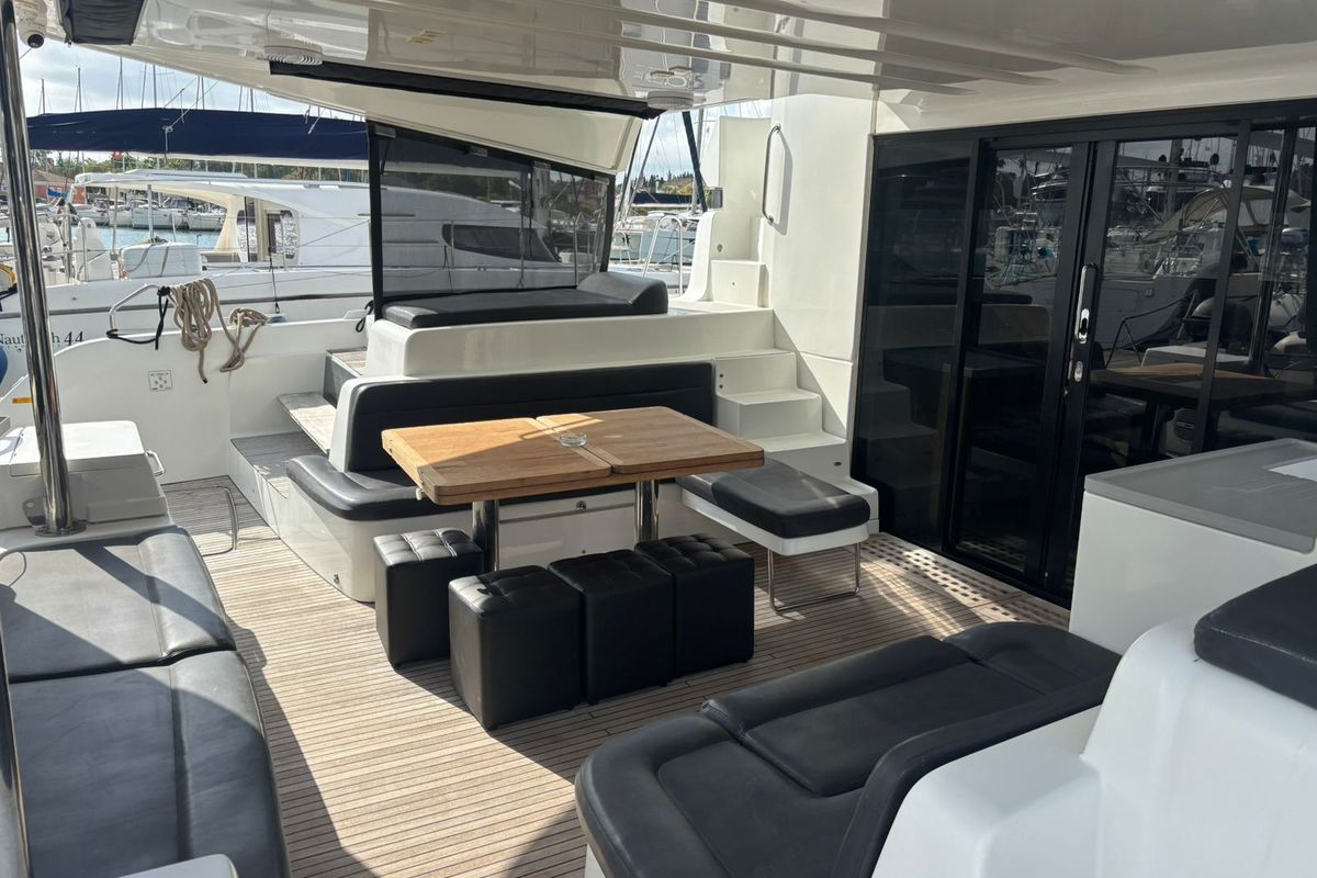 Deck of Aqua Star, a Lagoon 50 catamaran at Municipal Unit of Lefkada, Greece
