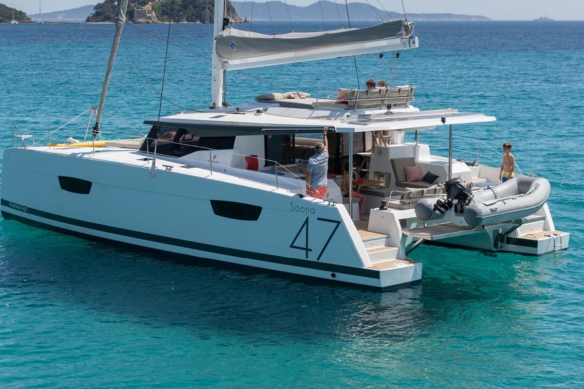 Exterior view of Impossible Dream, a Fountaine Pajot Saona 47 Maestro catamaran at Central Abaco, Bahamas