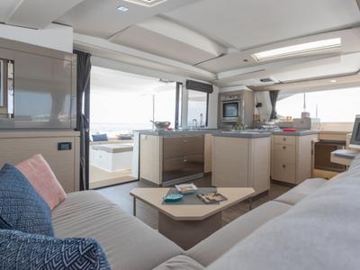 Salon of Impossible Dream, a Fountaine Pajot Saona 47 Maestro catamaran at Central Abaco, Bahamas