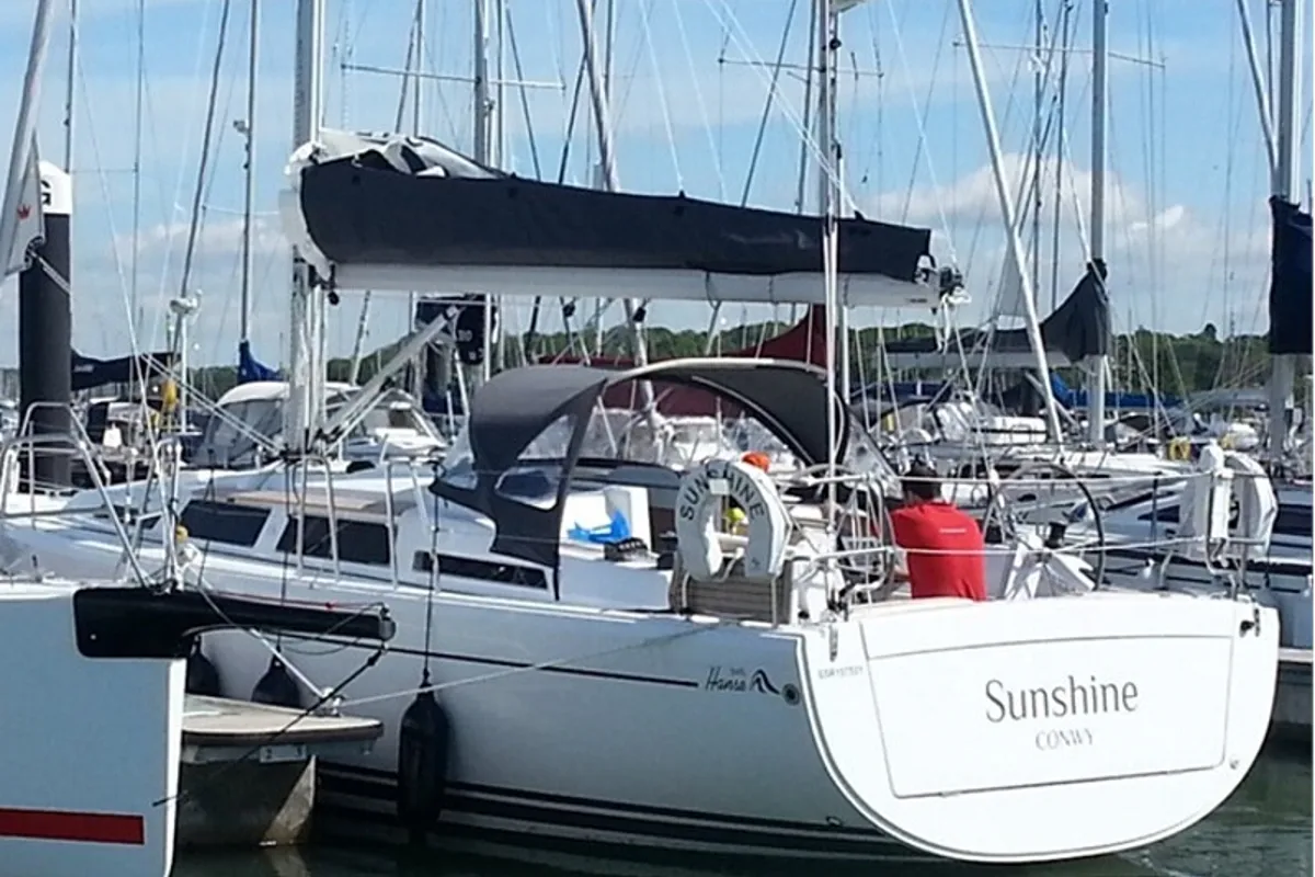 Exterior view of Sunshine, a Hanse Yachts Hanse 345 sailboat at Athens, Greece