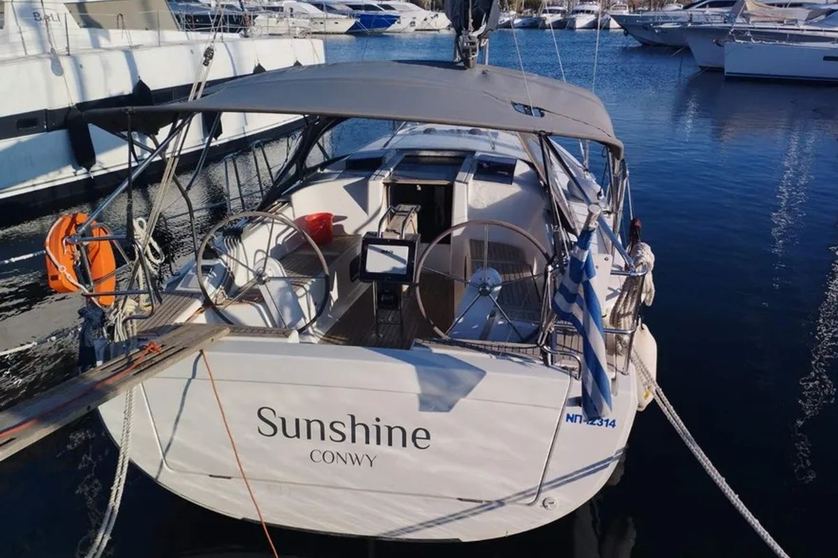 Exterior view of Sunshine, a Hanse Yachts Hanse 345 sailboat at Athens, Greece