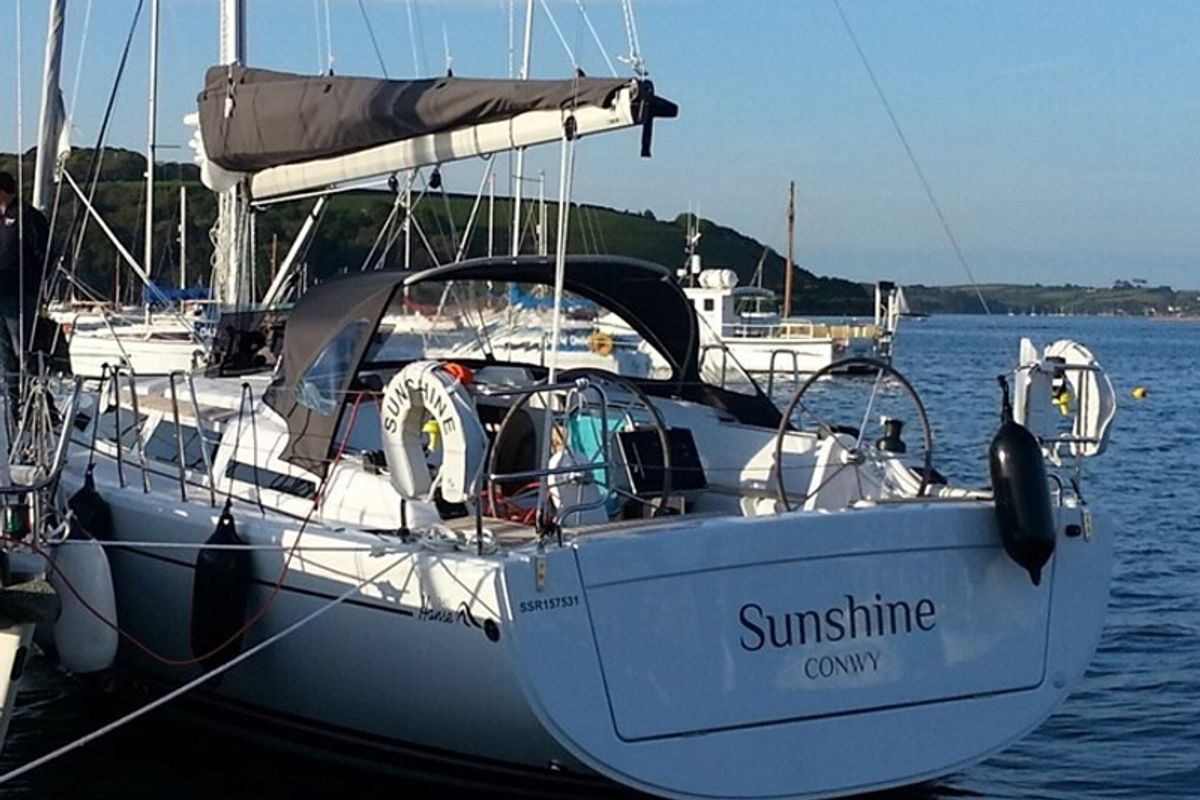 Exterior view of Sunshine, a Hanse Yachts Hanse 345 sailboat at Athens, Greece