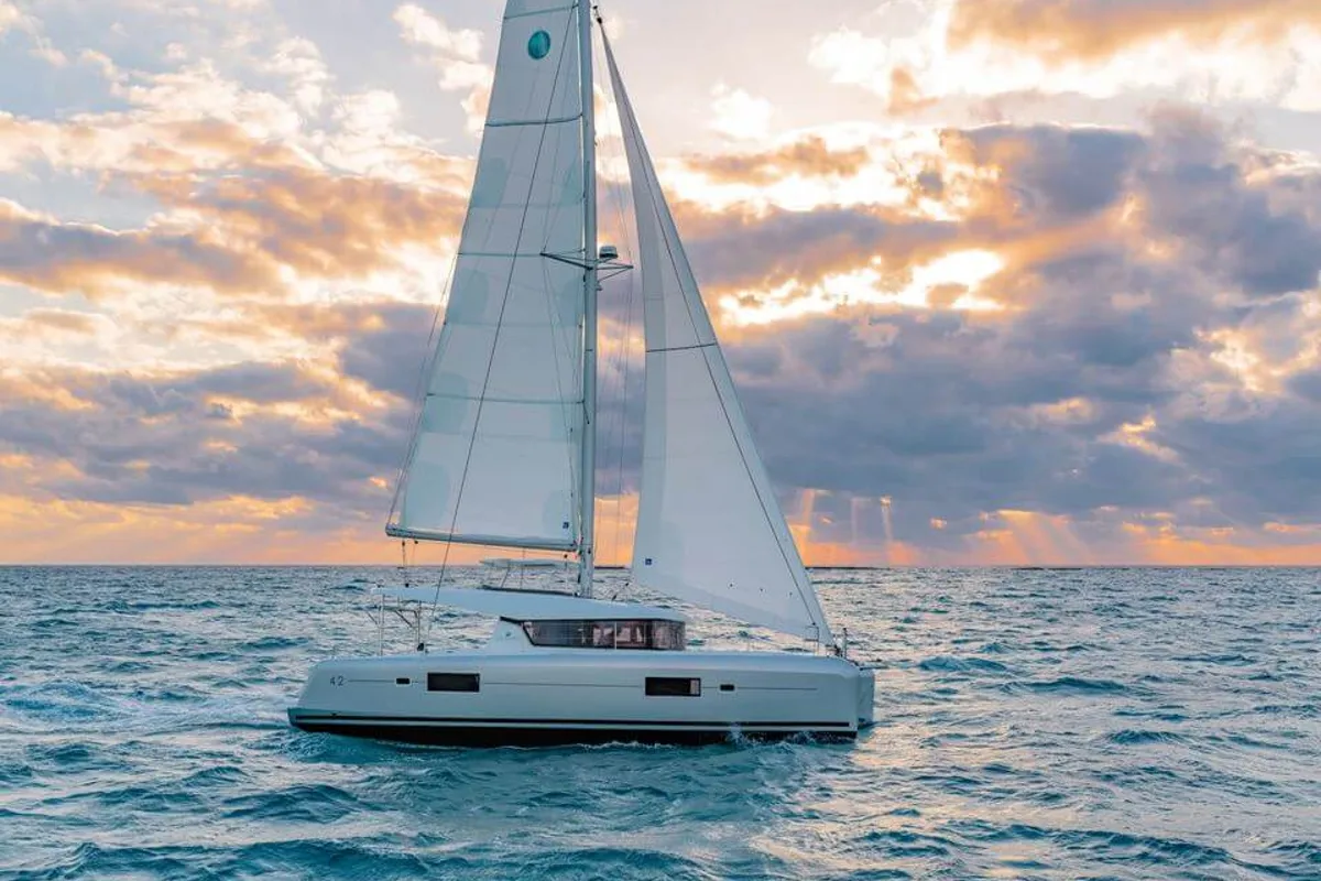 Exterior view of HeyBlue, a Lagoon 42 catamaran at Parikia, Greece