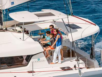 Deck of HeyBlue, a Lagoon 42 catamaran at Parikia, Greece