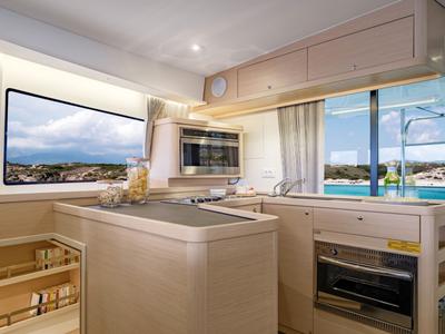 Galley of HeyBlue, a Lagoon 42 catamaran at Parikia, Greece