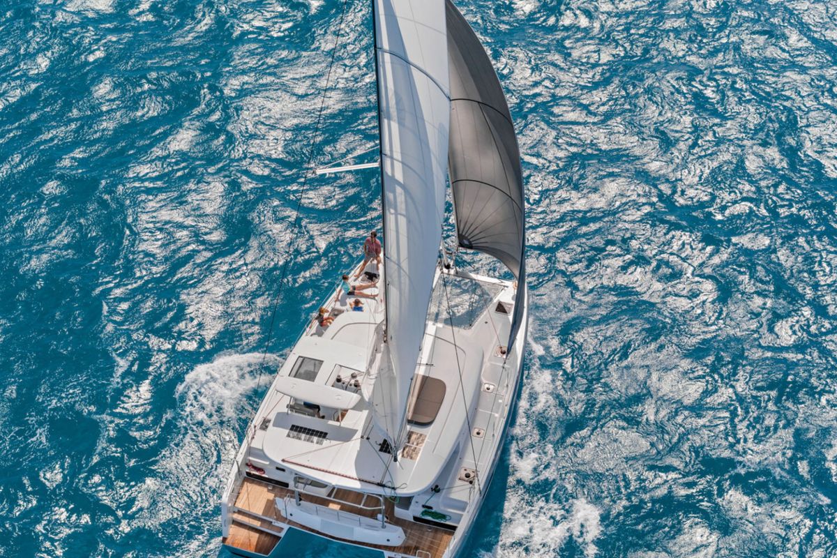 Exterior view of HeyBlue, a Lagoon 42 catamaran at Parikia, Greece