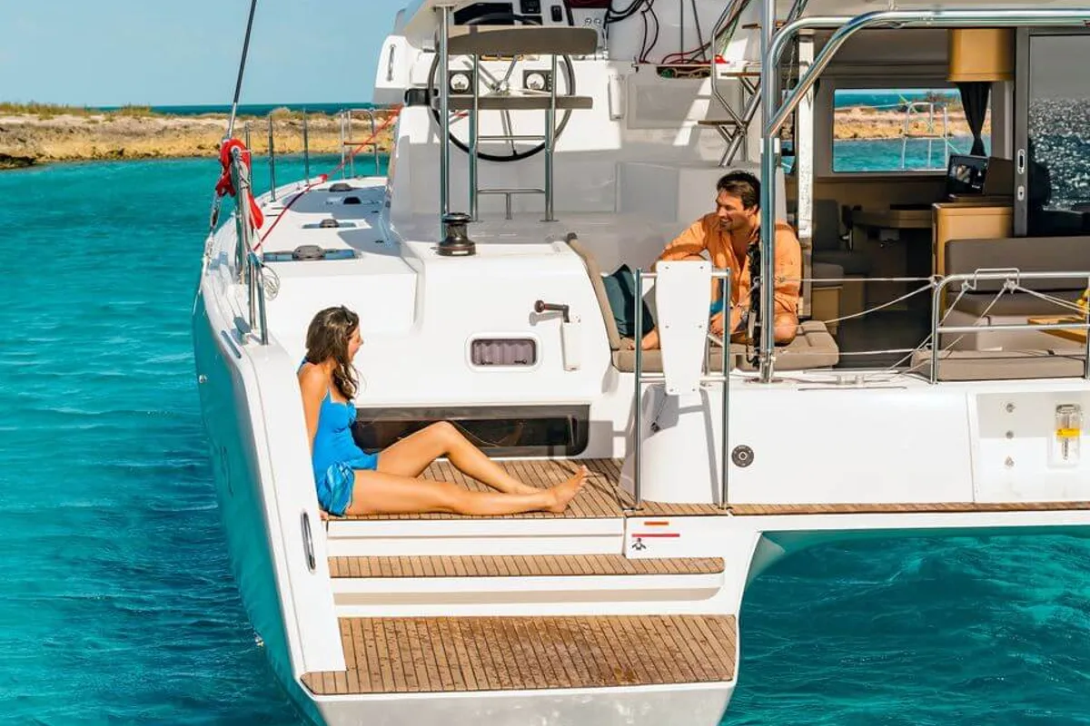 Deck of HeyBlue, a Lagoon 42 catamaran at Parikia, Greece