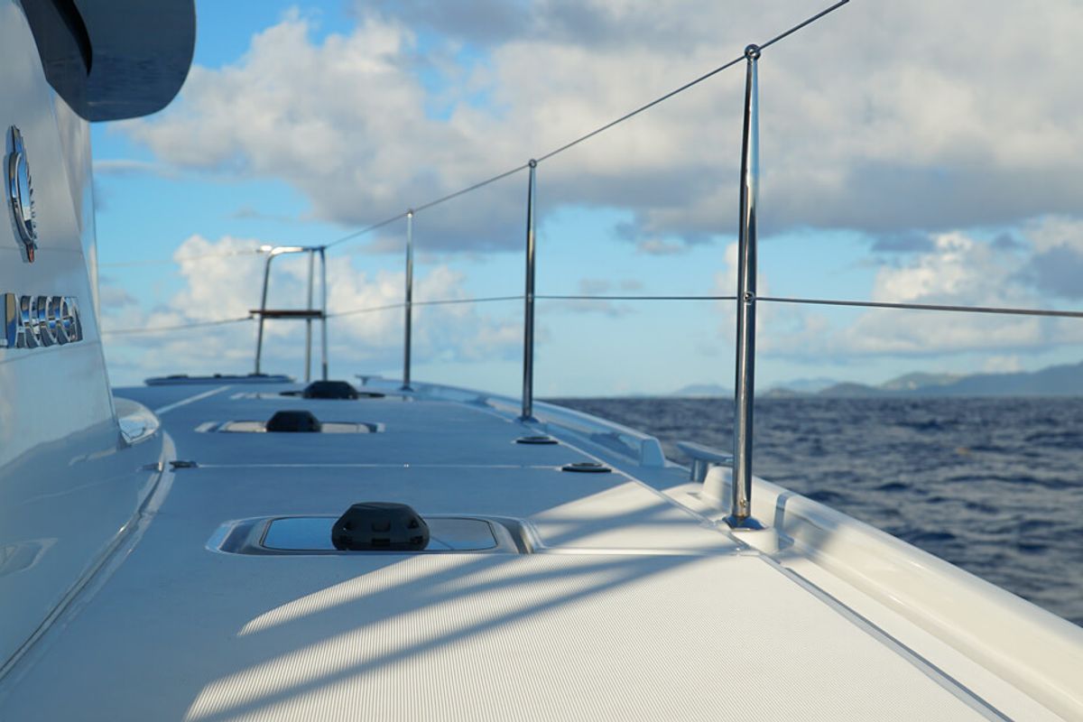 Deck of HeyBlue, a Lagoon 42 catamaran at Parikia, Greece