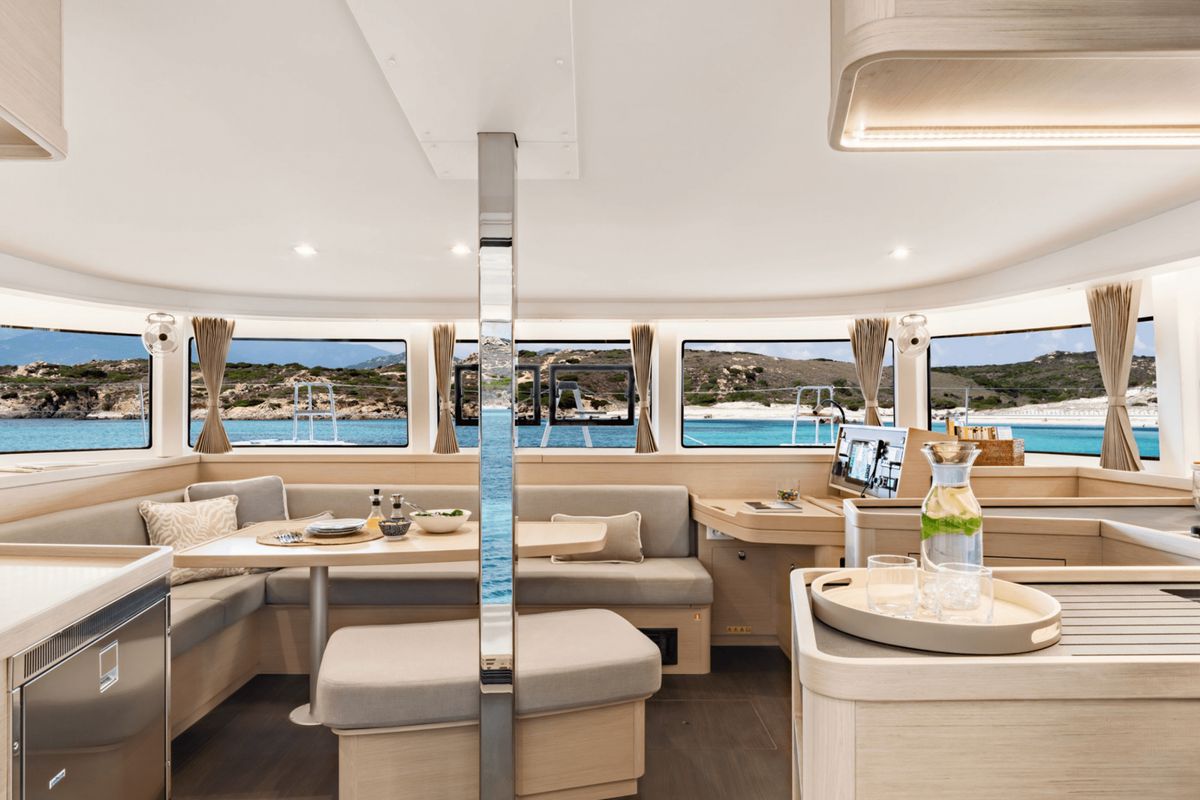 Salon of HeyBlue, a Lagoon 42 catamaran at Parikia, Greece