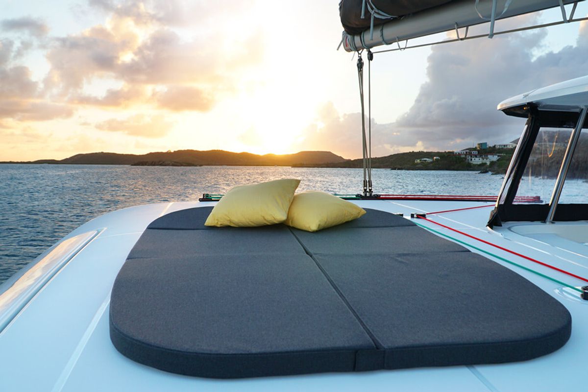 Deck of HeyBlue, a Lagoon 42 catamaran at Parikia, Greece