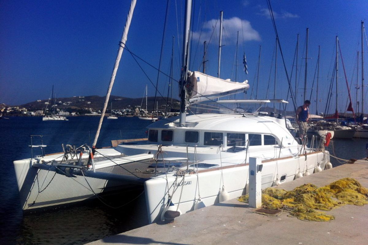 Exterior view of Thalassaki, a Lagoon 380 catamaran at Athens, Greece