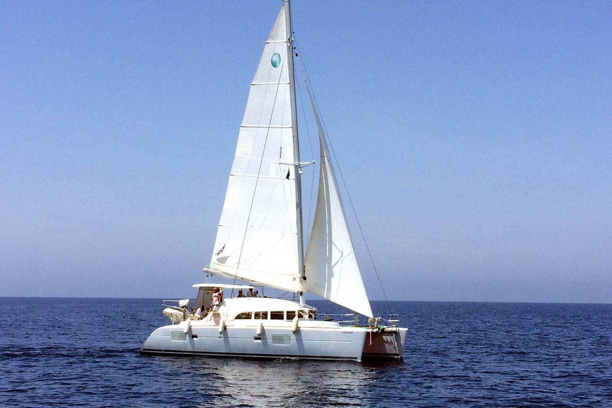 Exterior view of Thalassaki, a Lagoon 380 catamaran at Athens, Greece