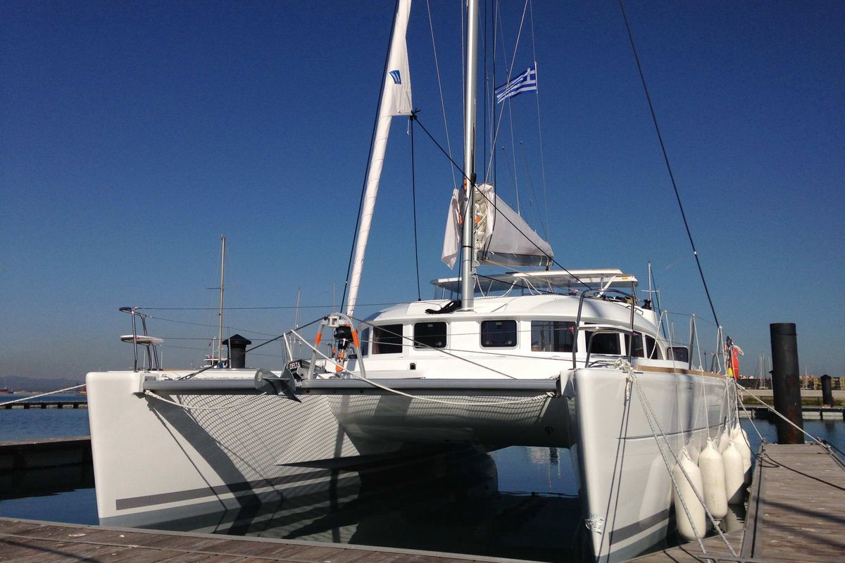 Exterior view of Thalassaki, a Lagoon 380 catamaran at Athens, Greece