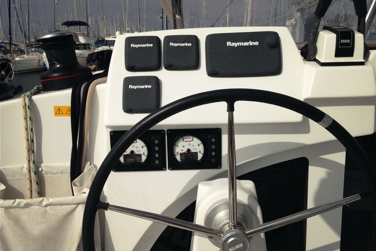 Cockpit of Thalassaki, a Lagoon 380 catamaran at Athens, Greece