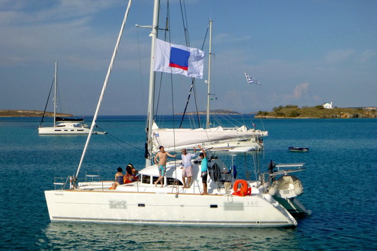 Exterior view of Thalassaki, a Lagoon 380 catamaran at Athens, Greece