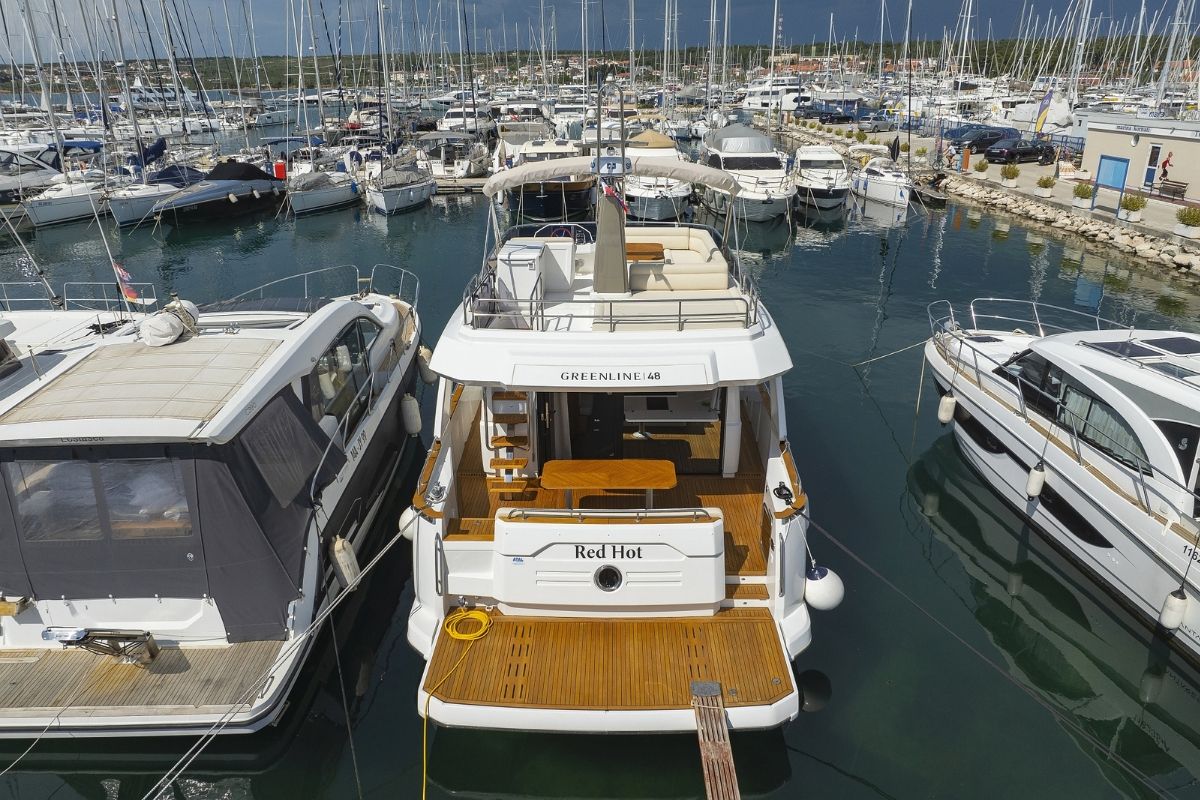 Exterior view of Red Hot, a Greenline 48 Fly yacht at Grad Biograd na Moru, Croatia