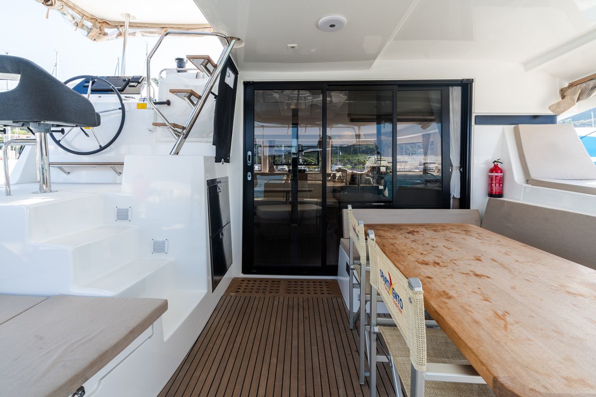 Deck of Ferd - Premium line, a Lagoon 42 catamaran at Capo d'Orlando, Italy