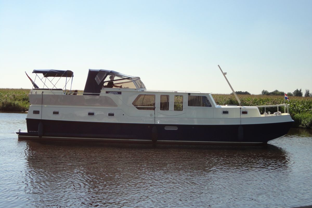 Exterior view of IJsvogel, a Delos 1430 motorboat at IJsselstein, Netherlands