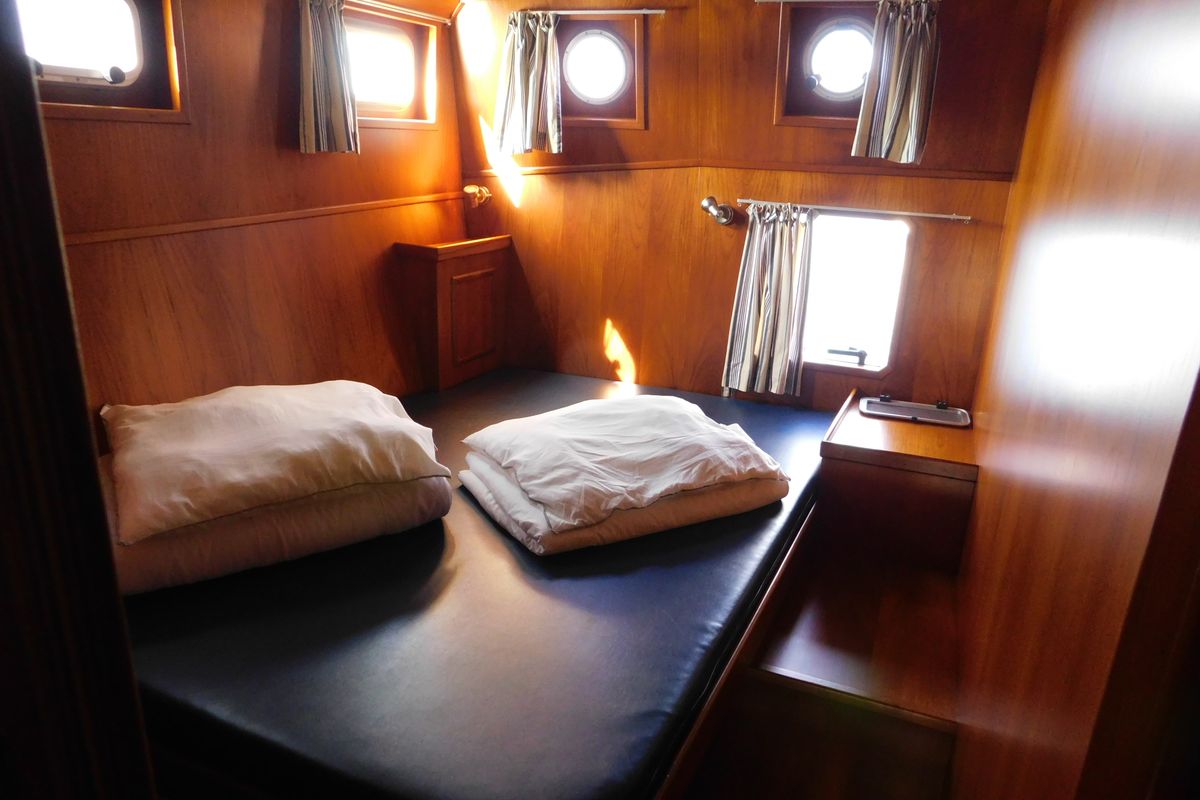Cabin on IJsvogel, a Delos 1430 motorboat at IJsselstein, Netherlands