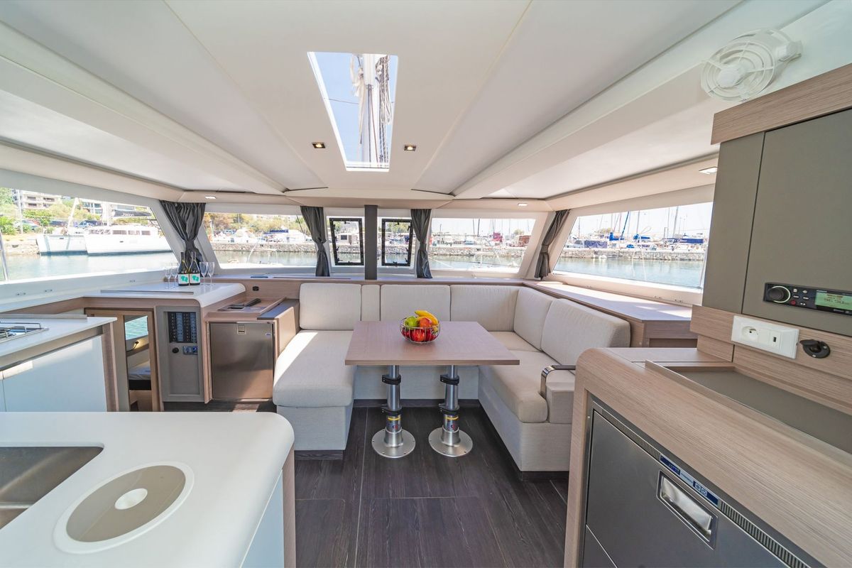 Salon of Aifos, a Fountaine Pajot Isla 40 catamaran at Lavreotiki Municipal Unit, Greece