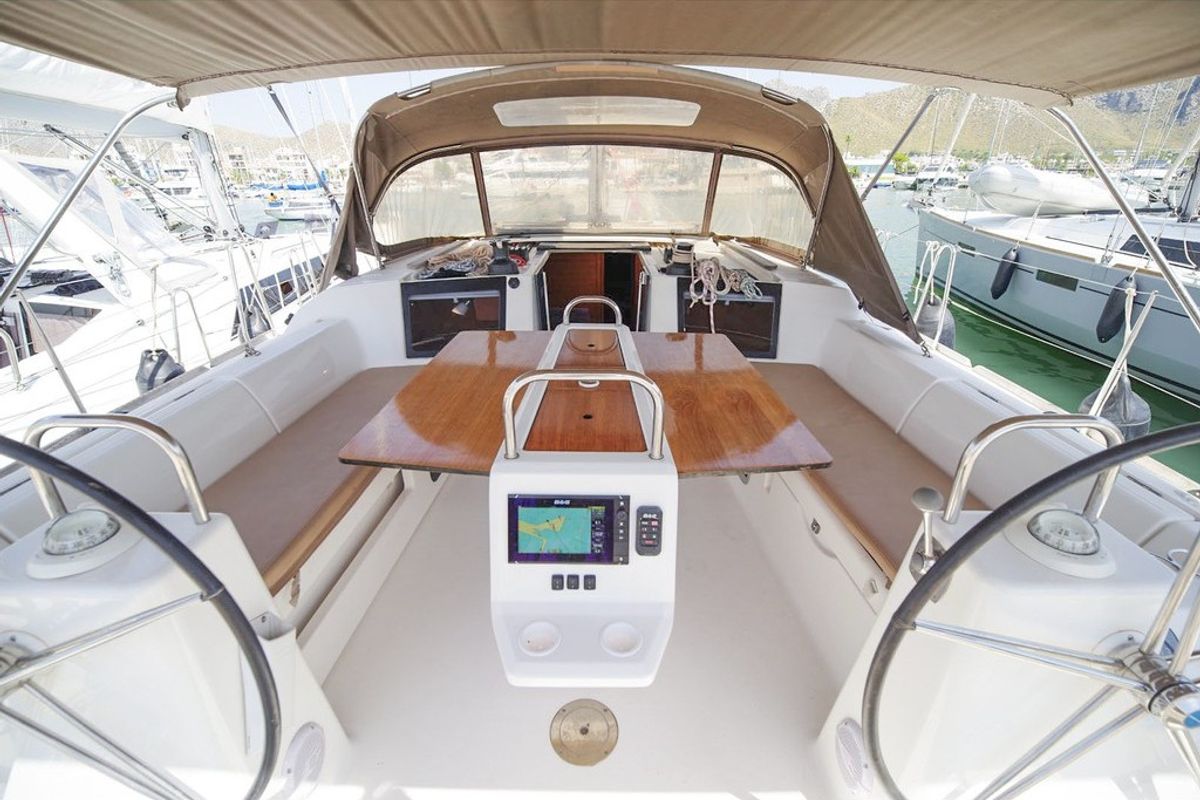 Cockpit of RUBIN, a Dufour 460 Grand Large sailboat at Port de Pollença, Spain