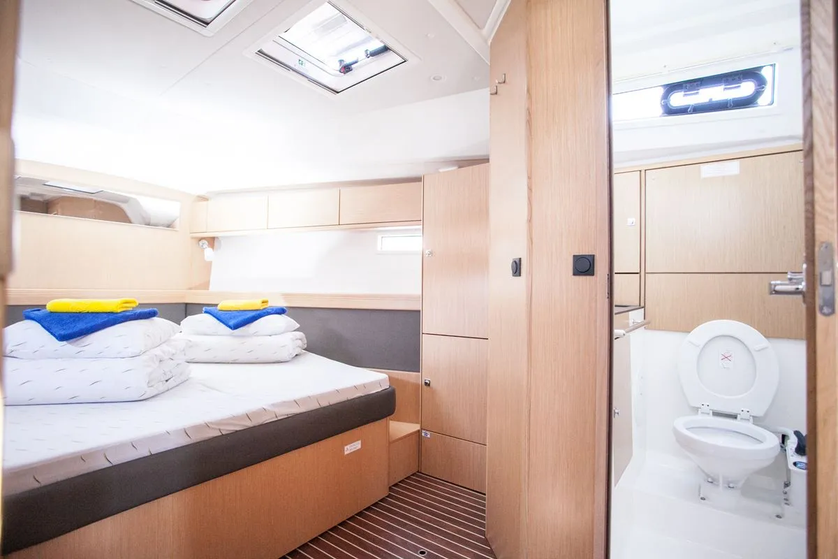 Cabin on 'njoy, a Bavaria Cruiser 46 sailboat at Dubrovnik, Croatia