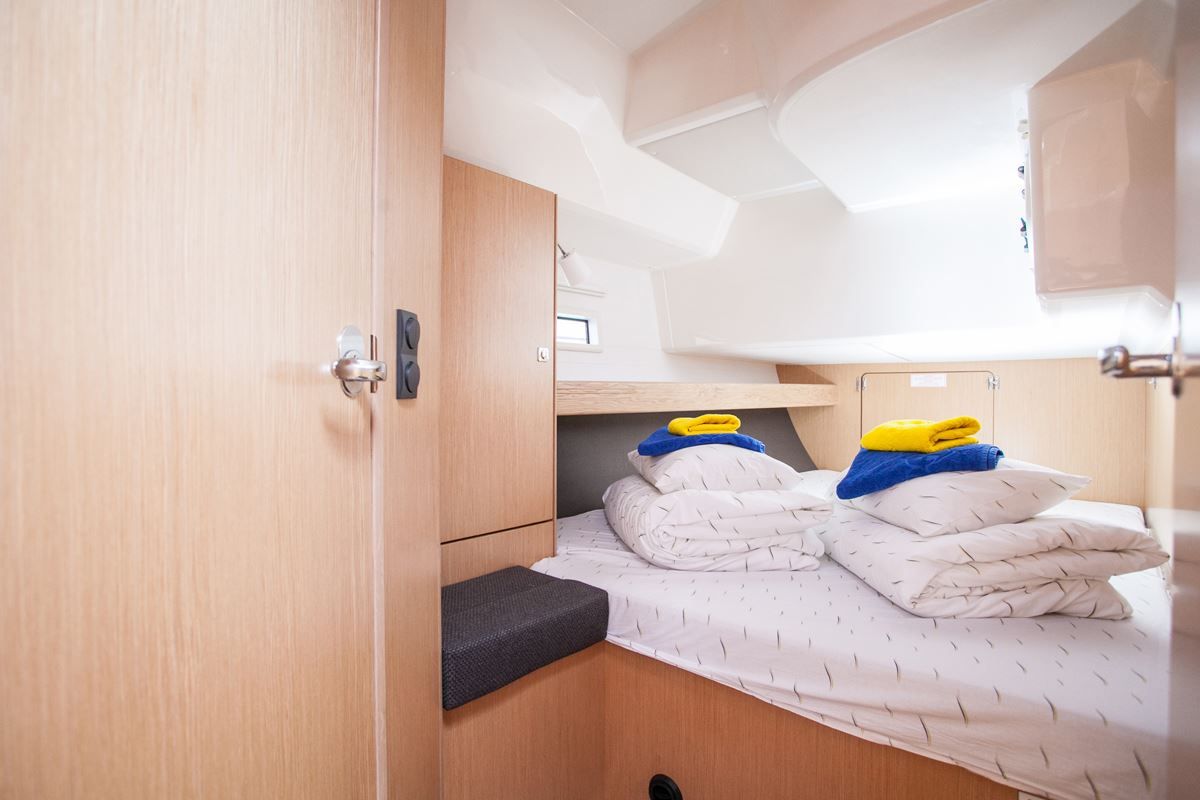 Cabin on 'njoy, a Bavaria Cruiser 46 sailboat at Dubrovnik, Croatia