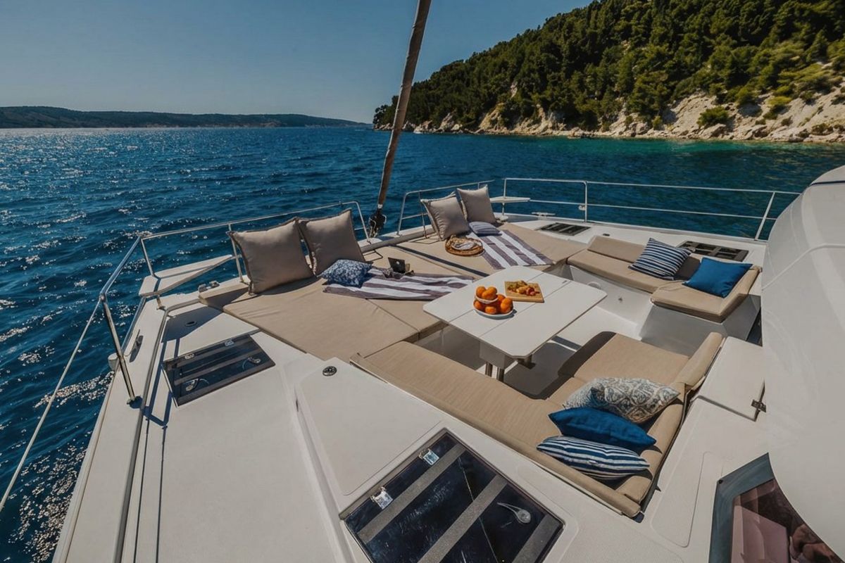Deck of Leo's Kat, a Bali 4.2 catamaran at Municipal Unit of Lefkada, Greece