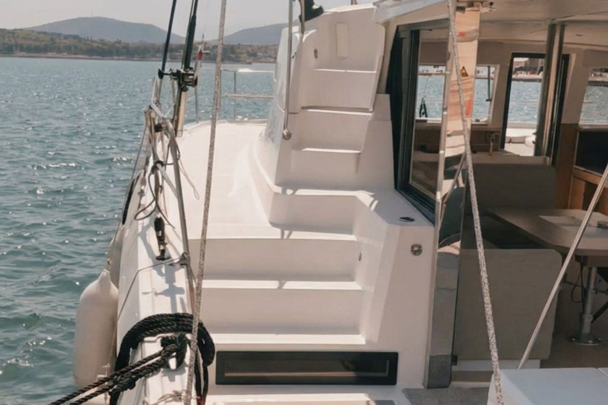 Deck of Leo's Kat, a Bali 4.2 catamaran at Municipal Unit of Lefkada, Greece